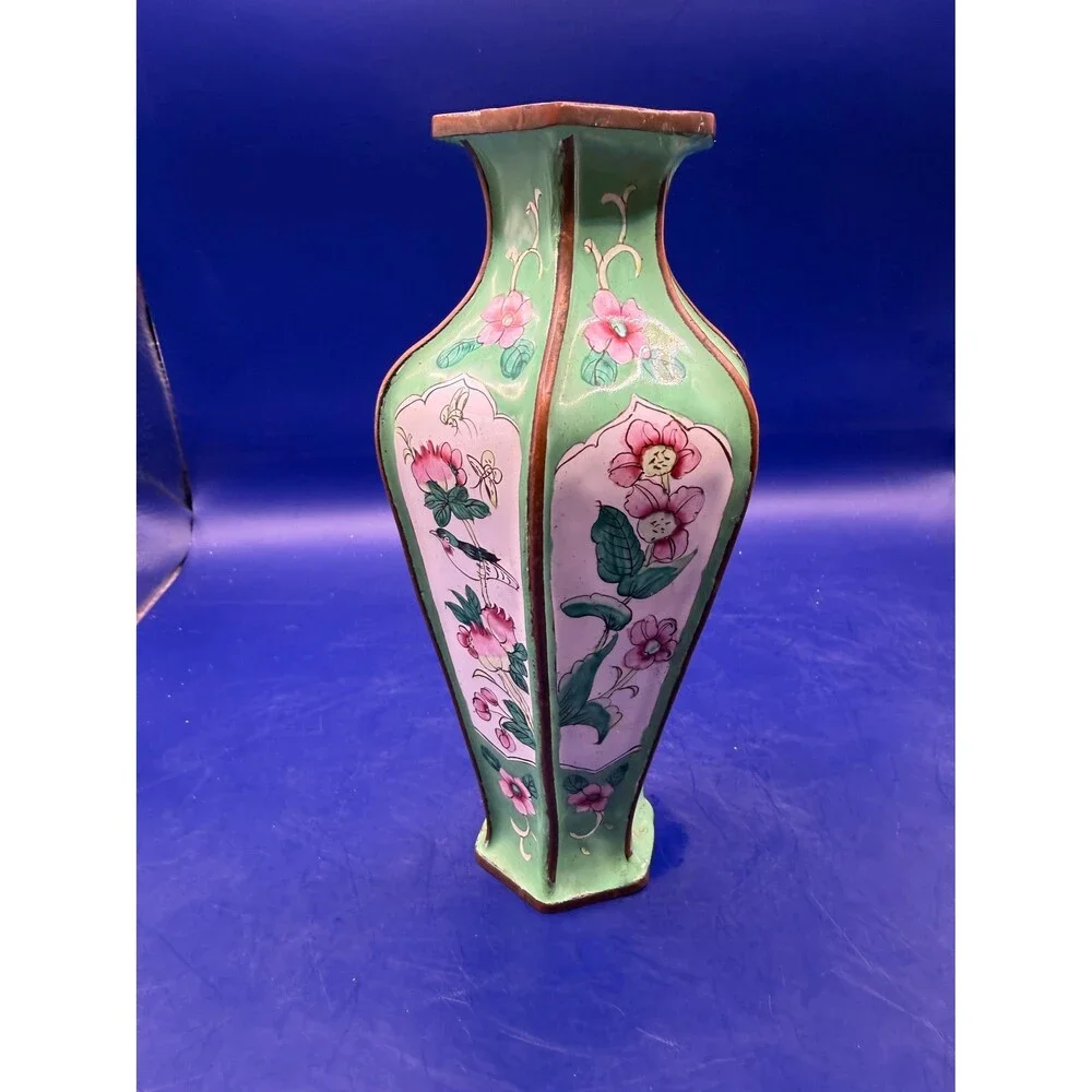 Vintage Chinese Canton Enamel on Copper Vase Butterfly1980s Hand Made in China